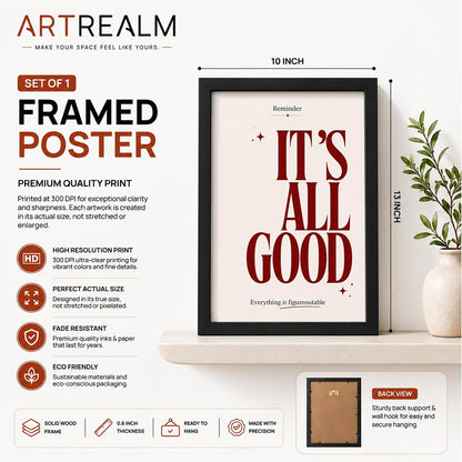 It's All Good Motivational Wall Art Framed Poster for Home Decor, Inspirational Quote Wall Decor for Living Room Bedroom Office Study Room, Positive Aesthetic Wall Decoration (DGN01-Black10x13 inch)
