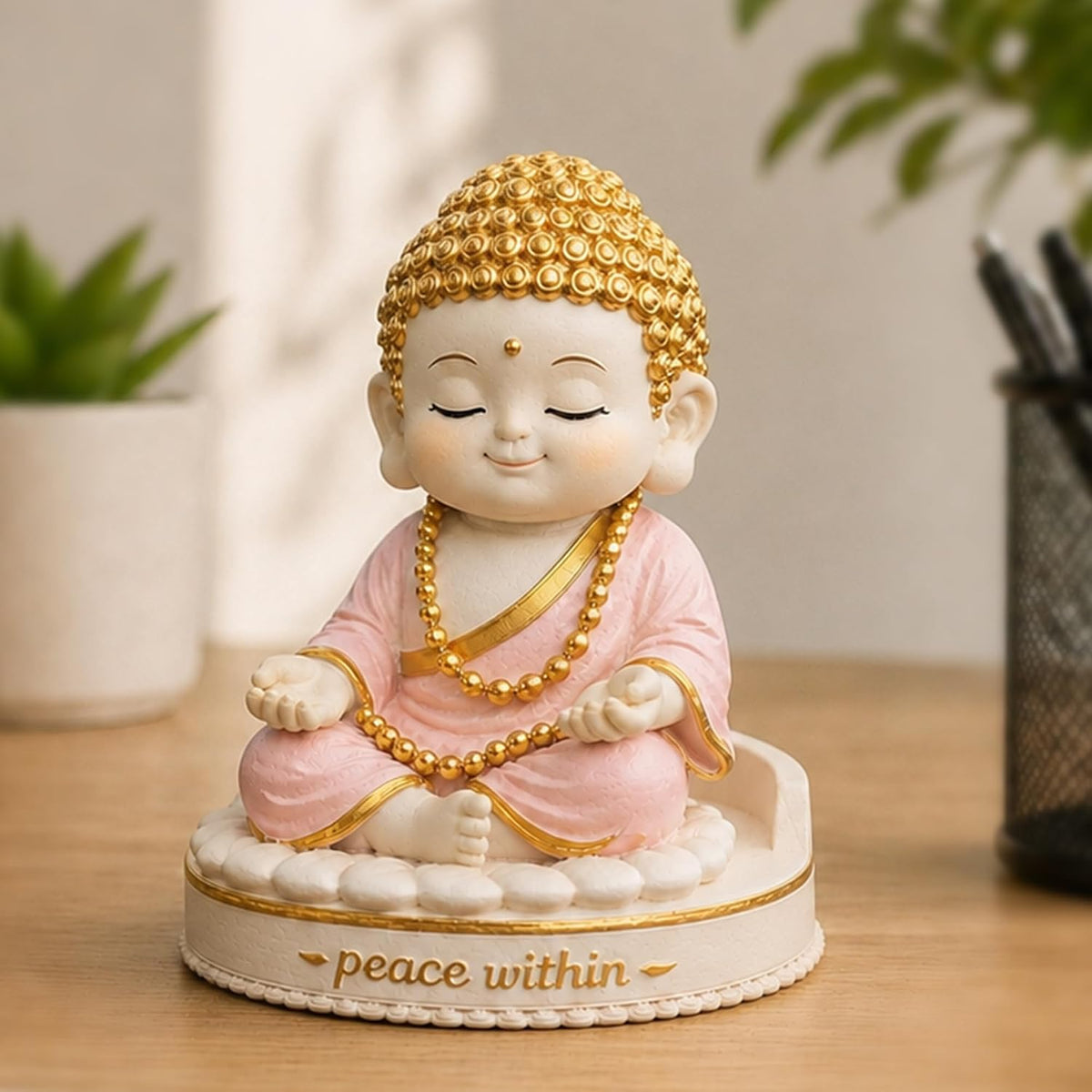Buddha Idol for Home Decor | 5 Inch Pink & Gold Buddha Statue | Decorative Showpiece for Living Room, Office Table, Meditation Room | Buddha Gift Item