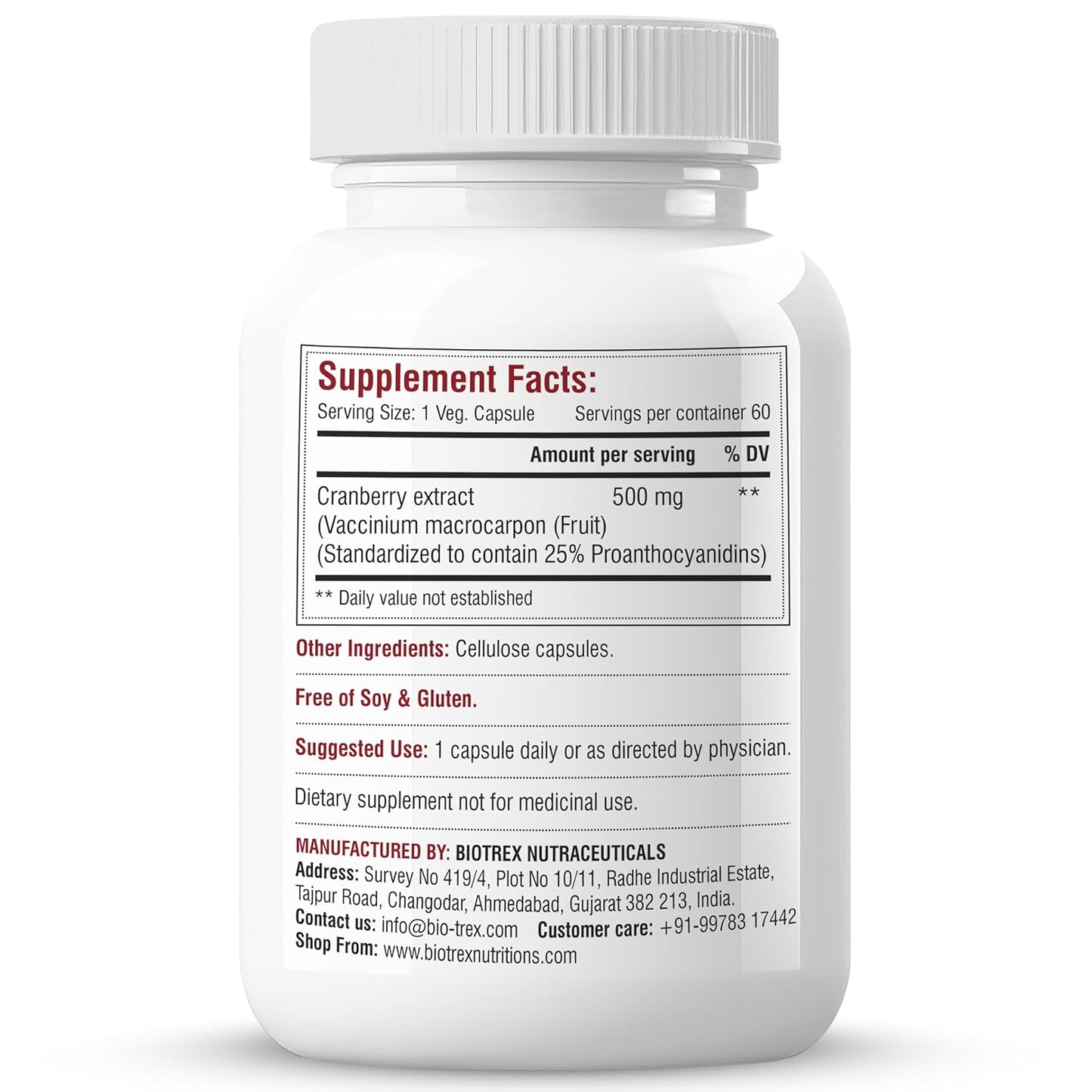 Biotrex Nutraceuticals Cranberry 500mg - for Urinary Tract Health, UTI Health Supplement | 60 Capsules