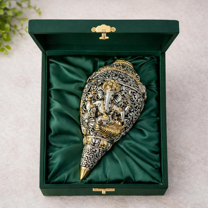 Dev Aastha 999 Pure Silver Plated & 24K Gold Plated Ganesh Shankh | Sacred 5.2 Inch Dual-Tone Conch Shell | Vastu Showpiece for Success & Wealth | Auspicious Pooja Gift.