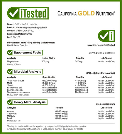 Supplement label for California Gold Nutrition Magnesium Bisglycinate with iTested testing details.