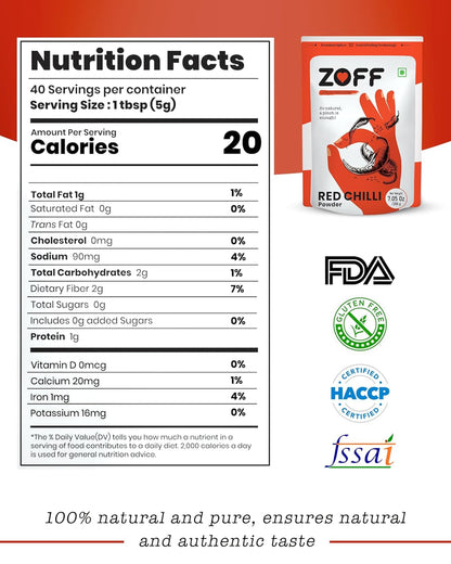 Zoff Red Chilli Powder with Natural Oils - Premium-Quality, Pure & Unadulterated Lal Mirch Powder – Sourced from Hand-Picked Red Chillies - Freshness & Aroma Preserved - Mirchi Powder 200gms