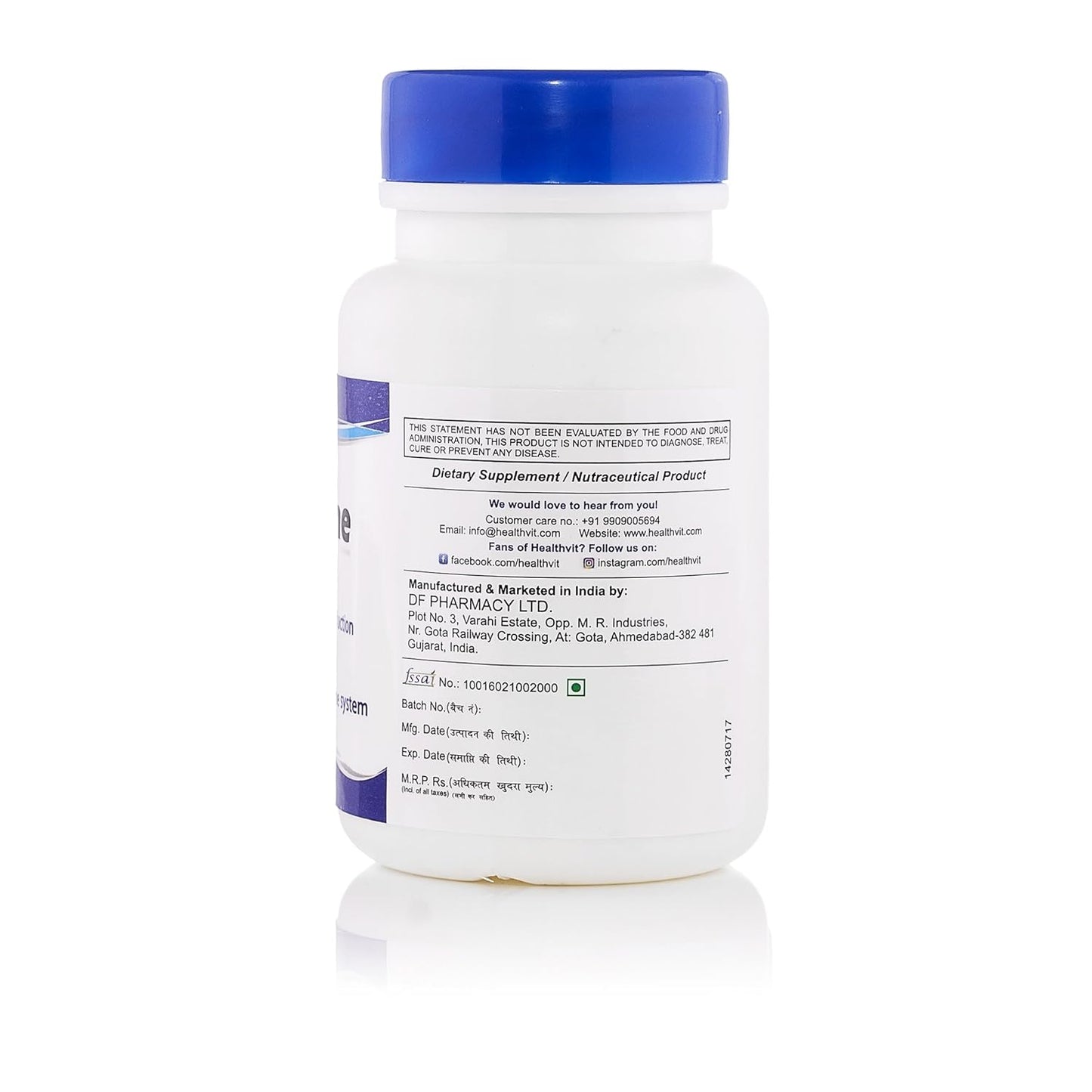 White supplement bottle with blue cap on a white background