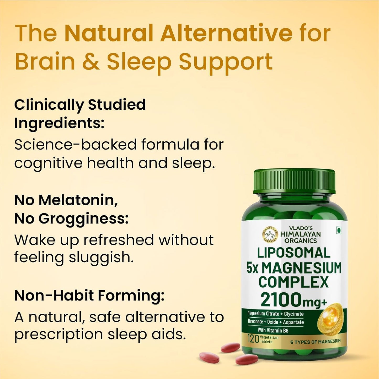 Vlado's Himalayan Organics 5X Strength Liposomal Magnesium Supplement - 2100mg+ with Chelated Magnesium Glycinate, Citrate, Oxide, Threonate, Aspartate & Triple magnesium Complex | For Sleep, Cramps, Recovery 120 Tablets