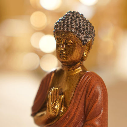 PURE HOME + LIVING Orange Antique Gold Polyresin Sitting Buddha - Small Meditating Sitting Idol Statue, for Table Top and Home Décor, Samadhi Buddha Sculpture (Pack of 1)