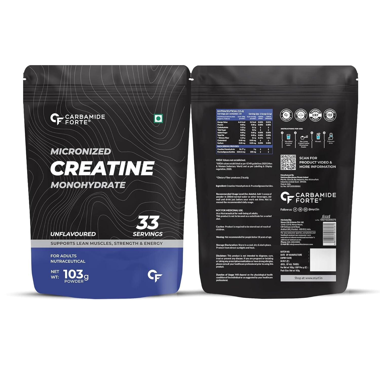 Two packages of Micronized Creatine Monohydrate by Carbamide Forte on a white background