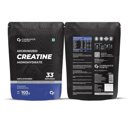 Two packages of Micronized Creatine Monohydrate by Carbamide Forte on a white background
