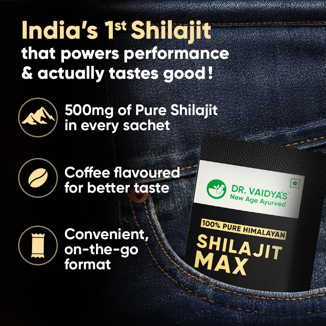 Dr. Vaidya's Shilajit Max|For Stamina On the Go|Boosts Strength & Energy levels|500 mg of 100% Pure Himalayan Shilajit In Coffee Flavour,Pippali,Dalchini,Ela & Saffron |15 Powder Sachets (Pack 1)