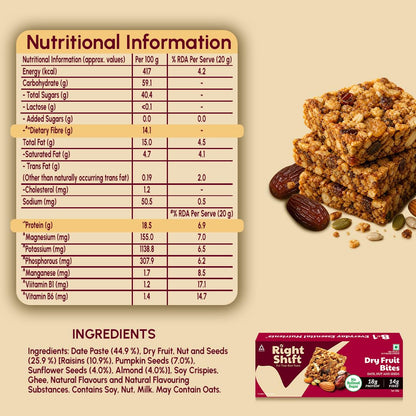 Right Shift Dry Fruit Bites, 18g Protein, 14g Fibre, No Refined Sugar, Lactose Free, No Palm Oil, Date Nut and Seeds, 160g
