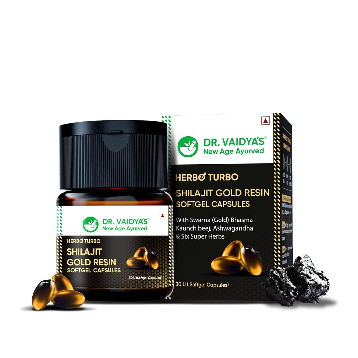 Dr. Vaidya's Herbo24Turbo Shilajit Gold Resin Softgel Capsules | 30 Ayurvedic Capsules for Strength, Stamina & Energy in Men | Enriched with Pure Shilajit for Men & 24K Gold Bhasma