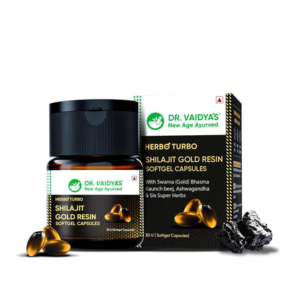 Dr. Vaidya's Herbo24Turbo Shilajit Gold Resin Softgel Capsules | 30 Ayurvedic Capsules for Strength, Stamina & Energy in Men | Enriched with Pure Shilajit for Men & 24K Gold Bhasma