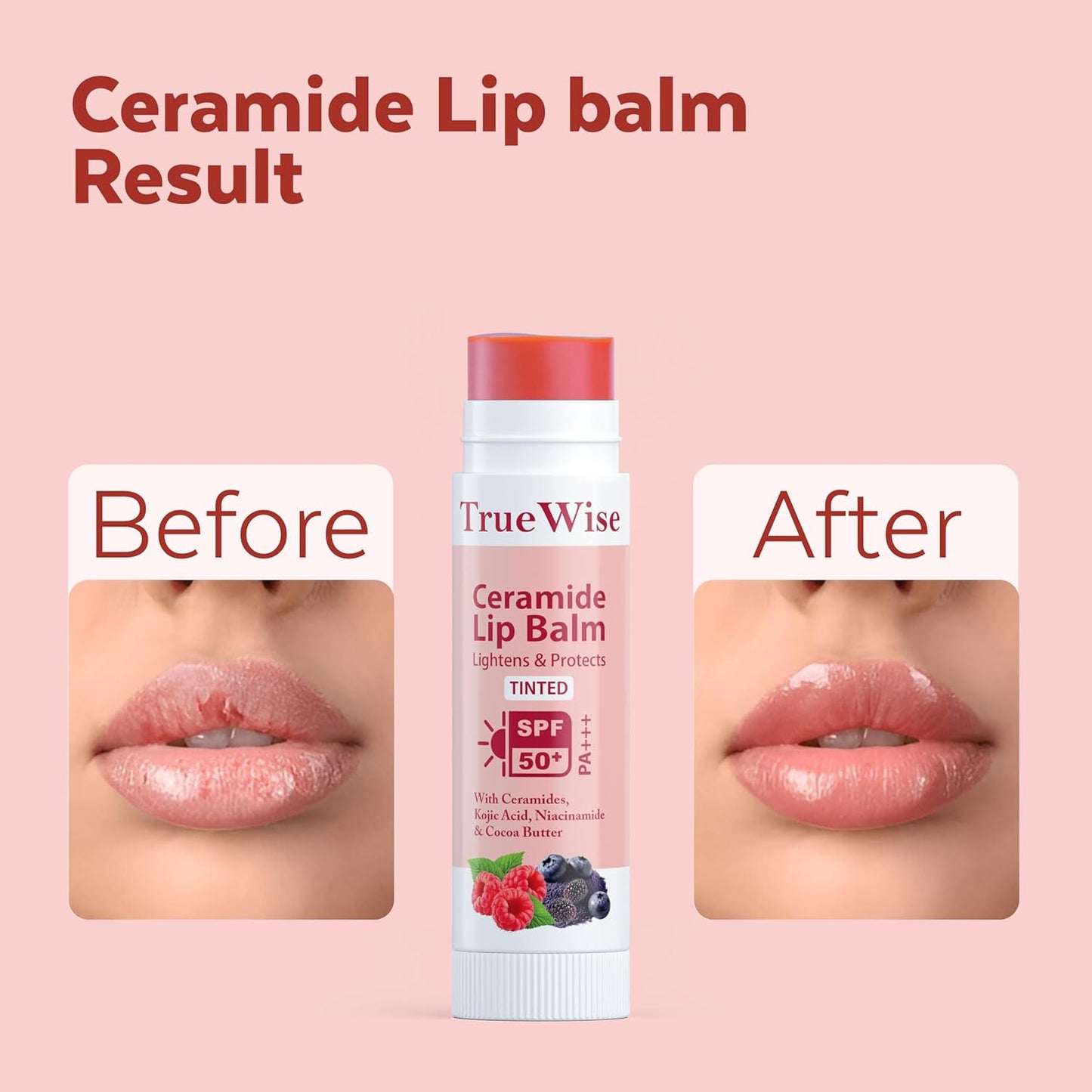 True Wise Ceramide Lip Balm with 'Before' and 'After' effect on lips on a pink background