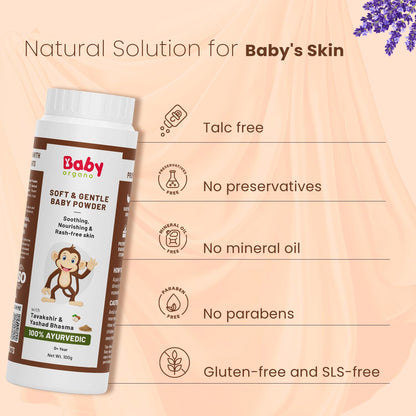 BabyOrgano 100% Natural Talc Free Baby Powder for 0+ Years | Soft & Gentle Diaper Powder with Tavakshir & Yashad Bhasma | SLS & Paraben Free | 100g (Pack of 1)
