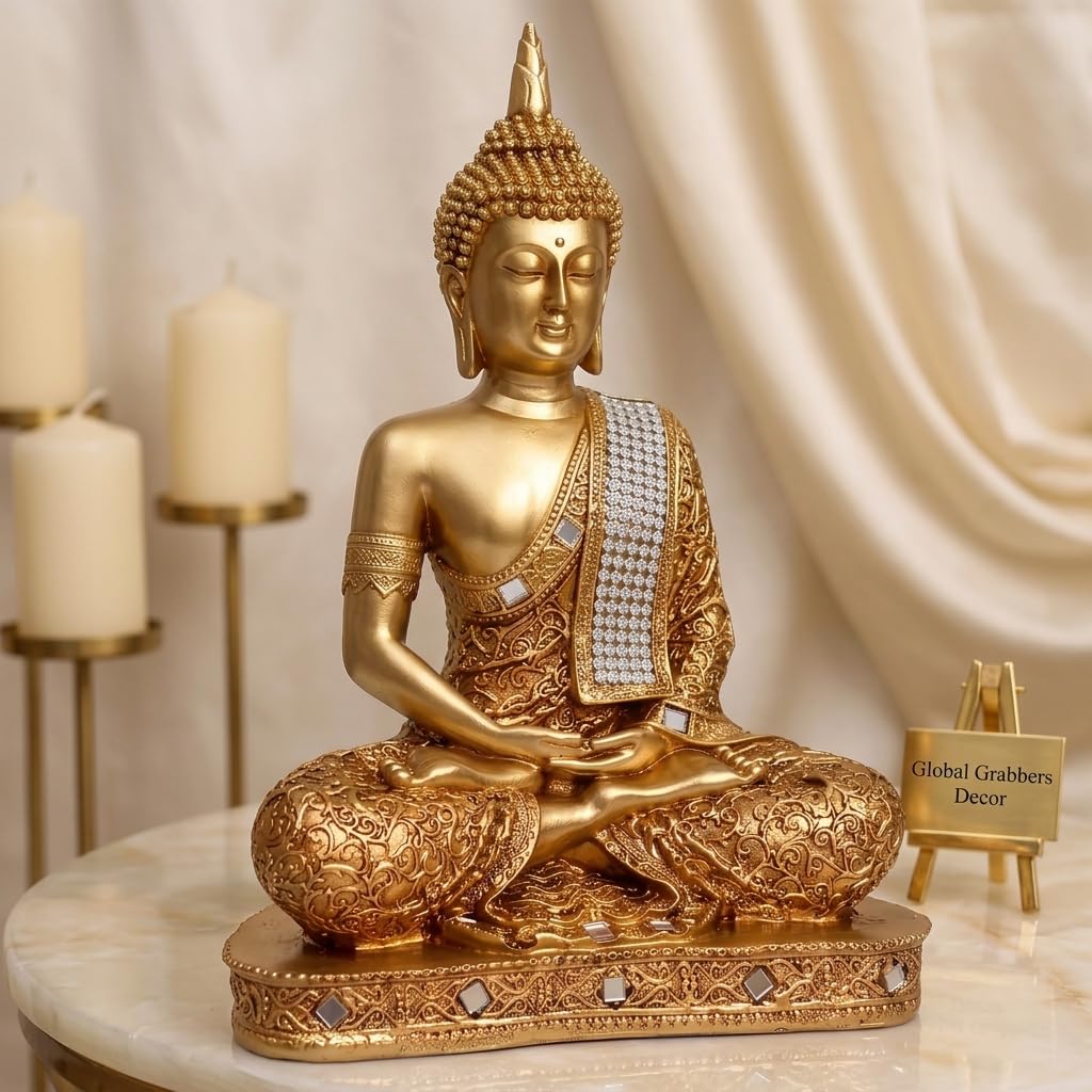Global Grabbers New 25 Centimetre Meditating Sitting Buddha Statue showpiece Idol Home Decor Items for Living Room and Gifts (Golden2)