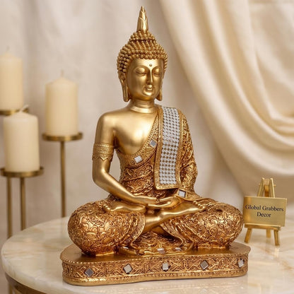 Global Grabbers New 25 Centimetre Meditating Sitting Buddha Statue showpiece Idol Home Decor Items for Living Room and Gifts (Golden2)