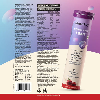 The Good Bug Metabolically Lean Effervescent Tablets - Apple | with L-Carnitine & Probiotics| Supports Weight Management, Gut Health & Craving Control | 15 Tablets