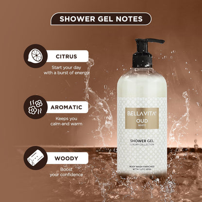 Bella Vita Luxury OUD WHITE Body Wash Shower Gel for Women & Men | 500ml | Unisex Bodywash with Aloe Vera Extract | Deep Cleansing, Hydrating, Moisturising | Suitable for All Skin Types