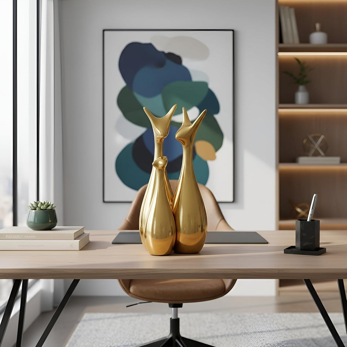 Home Decor Lucky Deer Statue Family Piano Finish Ceramic Figures - (Set of 3, Golden Set)