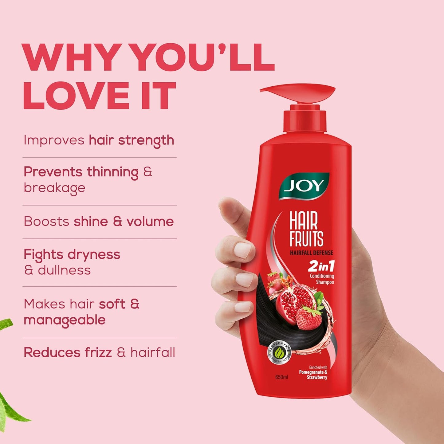 Joy Hair Fruits Hairfall Defense Conditioning Shampoo Enriched with Pomegranate & Strawberry, 650 ml