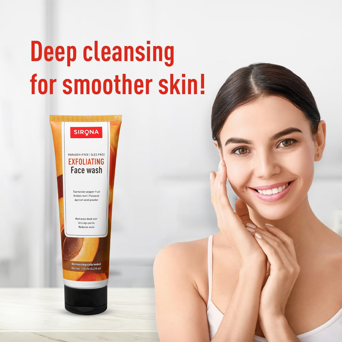 Sirona exfoliating face wash with a woman touching her face on a white background