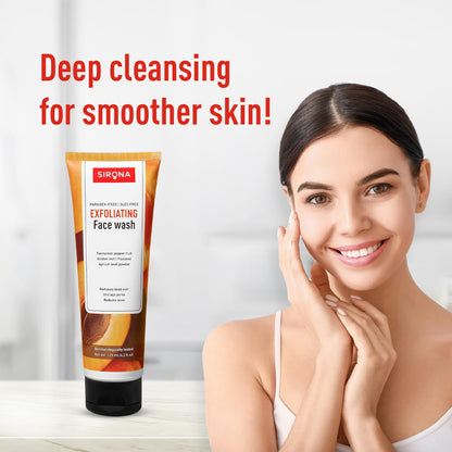 Sirona exfoliating face wash with a woman touching her face on a white background
