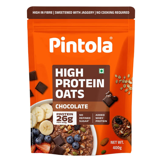PINTOLA 26g High Protein Oats 400g, Dark Chocolate, No Refined Sugar, with Almonds, Raisins, Pumpkin & Chia Seeds, 9.6g Fibre, Rolled Oats for Weight Loss, Breakfast Cereals | Gluten Free
