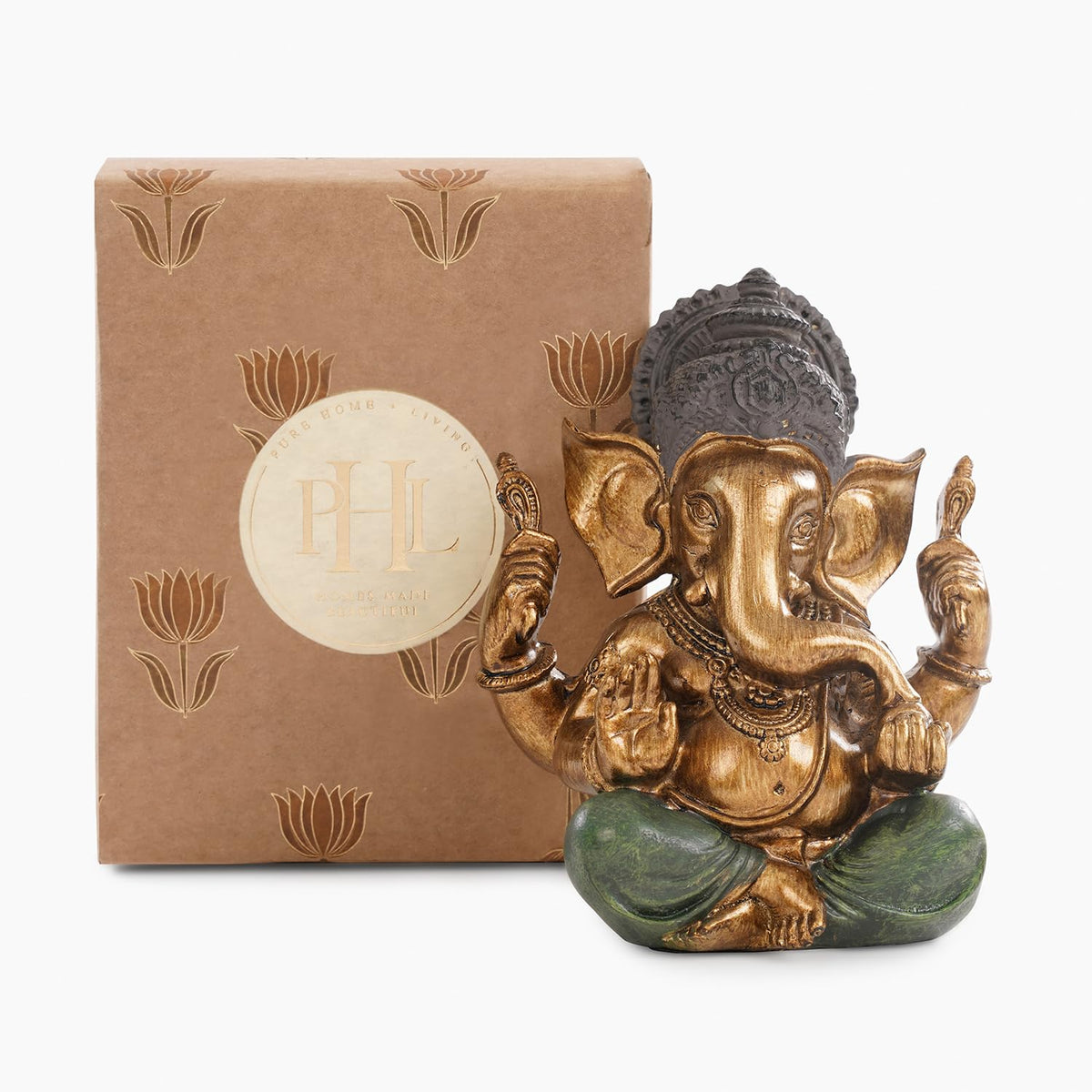 Dark Green Antique Gold Polyresin Sitting Ganesha - Medium Beautiful Lord Ganesha Idol Figurine Showpiece Sculpture Hindu Polyresin Car Dashboard Ganesh Ji Statue (Pack of 1)