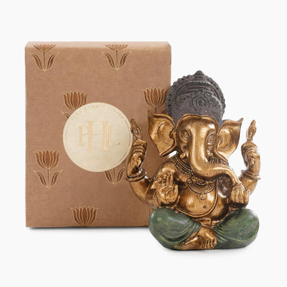 Dark Green Antique Gold Polyresin Sitting Ganesha - Medium Beautiful Lord Ganesha Idol Figurine Showpiece Sculpture Hindu Polyresin Car Dashboard Ganesh Ji Statue (Pack of 1)