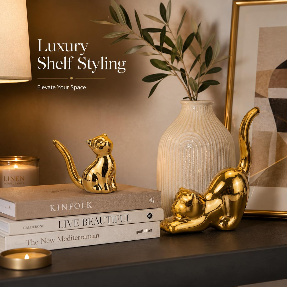 Street27 Home Decor Cat Statues, Modern Style Ceramic Golden Cat Figurine Statues for Home Decor Accents Living Room Office Table Bookshelf Desk Bedroom (2pcs Cute Cat)