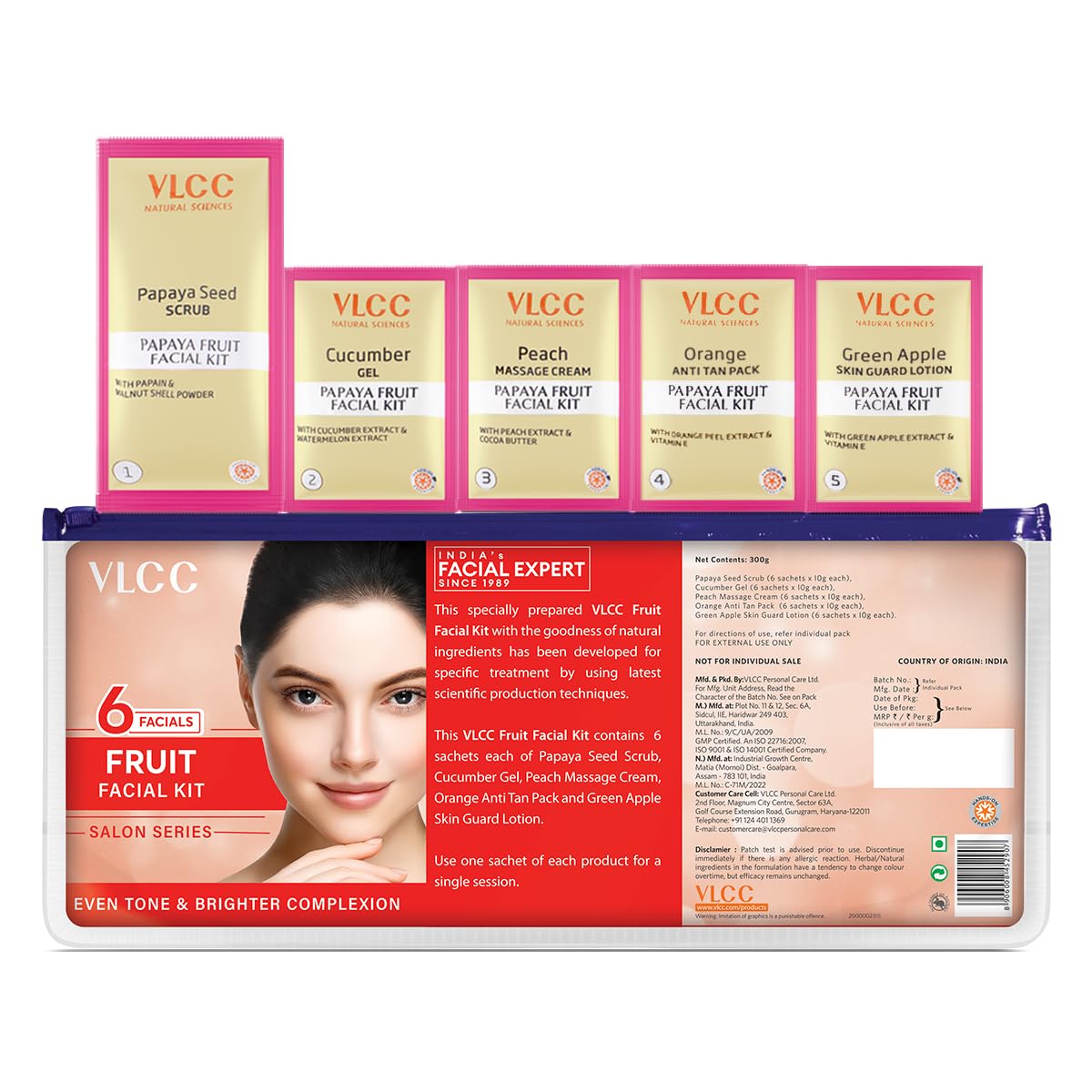 VLCC Salon Series Fruit Facial Kit - ( 6 Facials ) - 300g | At Home Fruit Facial | Tightens Skin, Lightens Dark Spots & Brightens Skin Tone | Papaya, Cucumber, Peach, Orange & Green Apple.