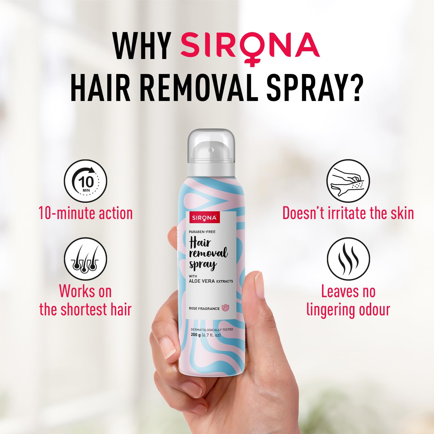 Sirona hair removal spray bottle held by a hand with product features listed.