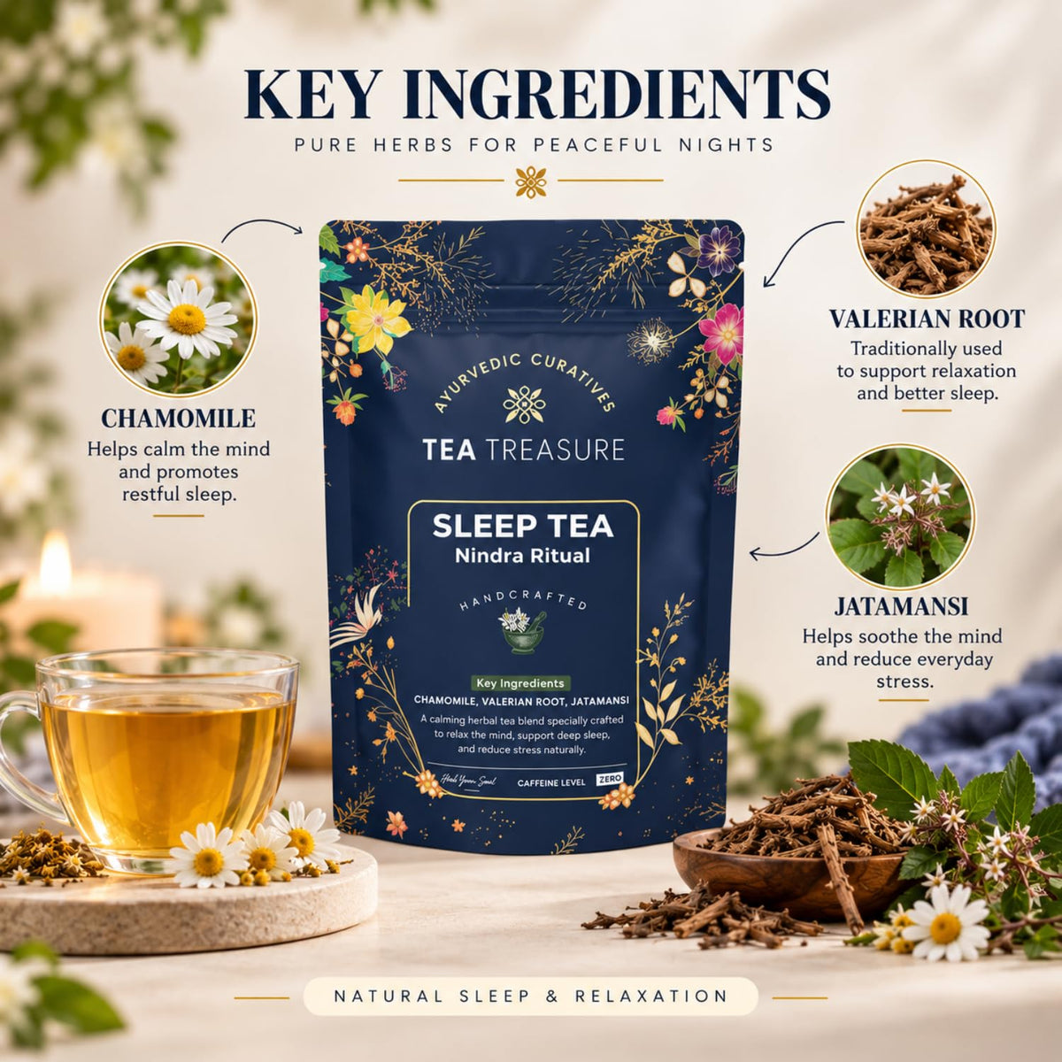 Tea Treasure Sleep Tea Nindra Ritual - 100g | Caffeine-Free Herbal Tea | Chamomile, Valerian Root & Jatamansi | Calming Bedtime Relaxation, Stress Relief & Better Sleep Routine Support