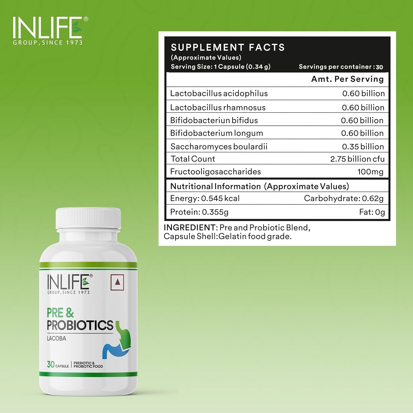 INLIFE Prebiotic and Probiotic Supplement for Gut Health | Lactobacillus Bacteria for Digestive Health Immunity Booster | Probiotics for Women Men - 30 Capsules (Pack of 1, 30, count)