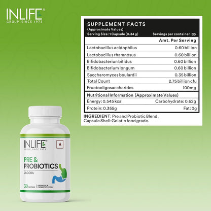 INLIFE Prebiotic and Probiotic Supplement for Gut Health | Lactobacillus Bacteria for Digestive Health Immunity Booster | Probiotics for Women Men - 30 Capsules (Pack of 1, 30, count)