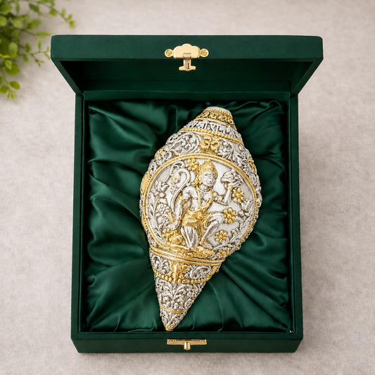 Dev Aastha 999 Silver & 24K Gold Plated Hanuman Shankh - 4.6 Inch Showpeice | Bajrangbali Dual-Tone Conch Shell for Puja Room, A Decorative Hanuman Gift