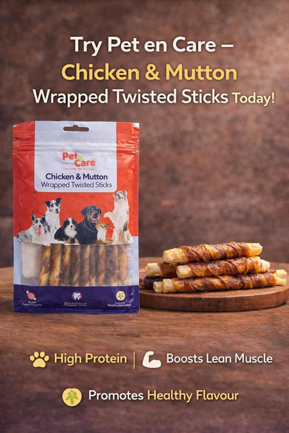 Pet en Care Chicken & Mutton Wrapped Twisted Sticks Dog Treats | High Protein Dual Flavor Chew Snacks | Dental Treats for Dogs | Helps Reduce Plaque & Tartar