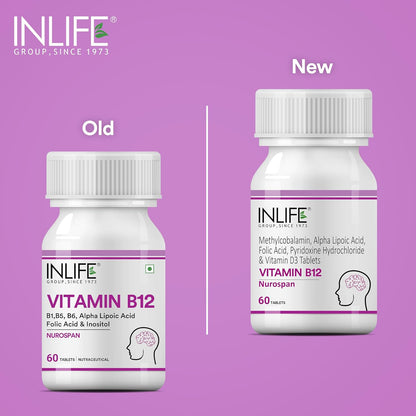INLIFE Vitamin B12 (Methylcobalamin) 1500mcg Supplement with ALA, Folic Acid, Vitamin D3 | Nerve and Brain Health for Men & Women – 60 Tablets(Pack Of 1, 60)