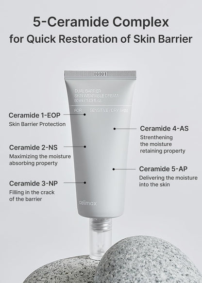 Celimax Dual Barrier Skin Wearable Cream (50ml) | 72H Hydration Barrier Repair | 5 Ceramides Hyaluronic Acid | Soothes Redness Irritation | Derma-Tested, Paraben-Free | Korean Skincare for Dry Sensitive Skin