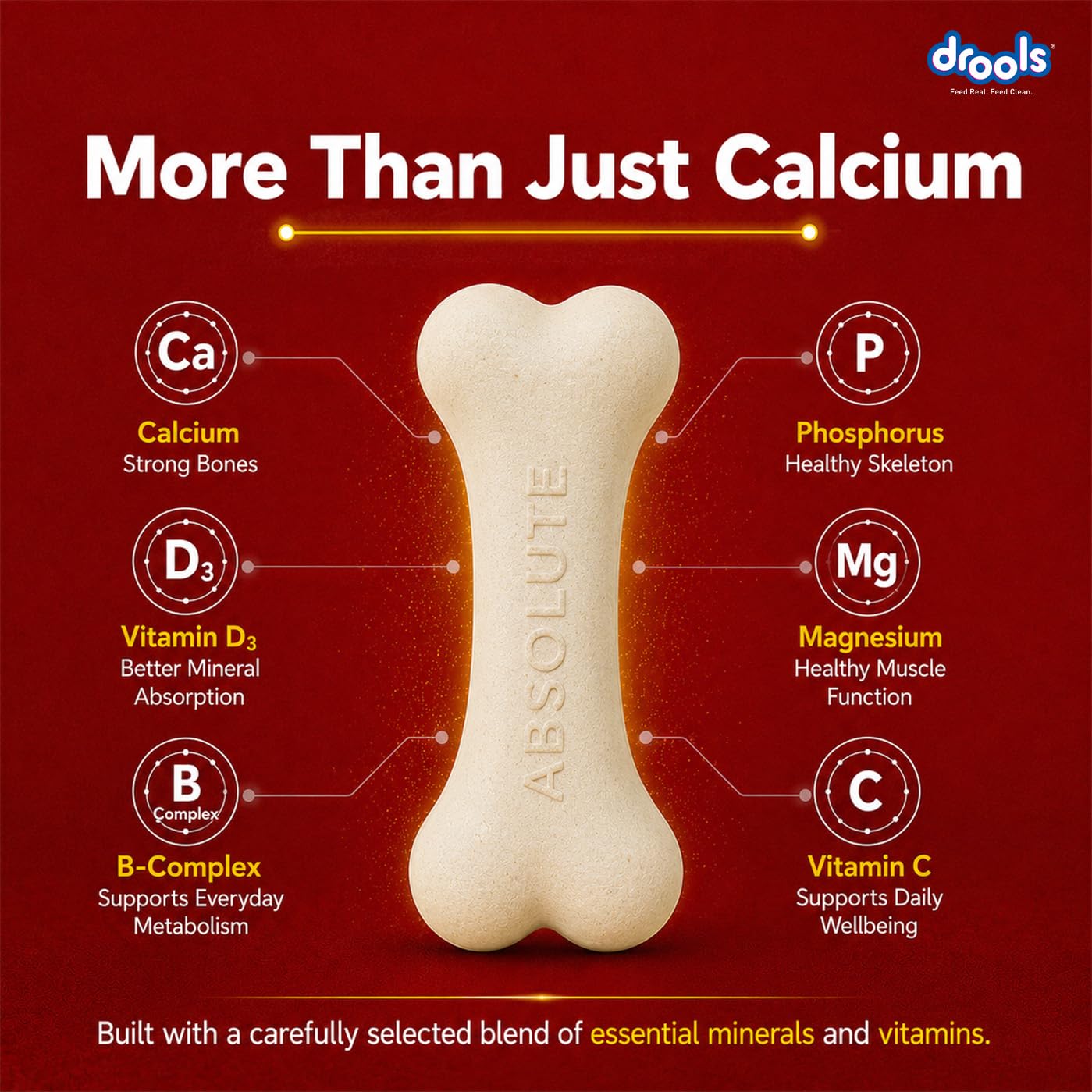 Drools Absolute Dog Treat Calcium Bone Pouch, 190g Pack | Chicken Flavour | Healthy Bones & Joint | Strong Teeth | Optimum Calcium & Phosphorus Ratio,All Life Stages