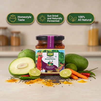 THE LITTLE FARM CO Mixed Pickle 250g In Punjabi Masala, Perfect Blend of Mango, Green Chilli, Lemon, Carrot, Lotus Stem & Ginger, Mix Achar In Cold Pressed Mustard Oil With No Added Colors & Preservatives, Made In Less Oil