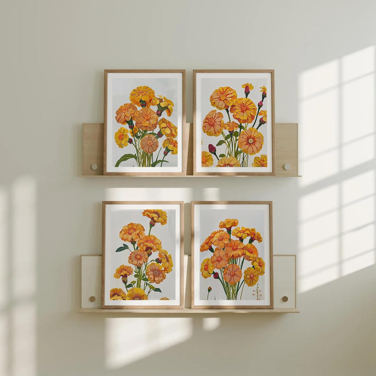 Set of 4 Marigold Flowers Wall Painting for Bedroom & Paintings for Living Room Wall Decor - (10.5X13.5 Inch, Wall Art Paintings)