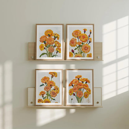 Set of 4 Marigold Flowers Wall Painting for Bedroom & Paintings for Living Room Wall Decor - (10.5X13.5 Inch, Wall Art Paintings)