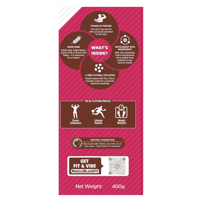 MuscleBlaze Fit High Protein Muesli, Dark Chocolate & Cranberry, 400g | 22g Protein | With Raisins, Almonds & Super Seeds,High Protein Breakfast Cereals