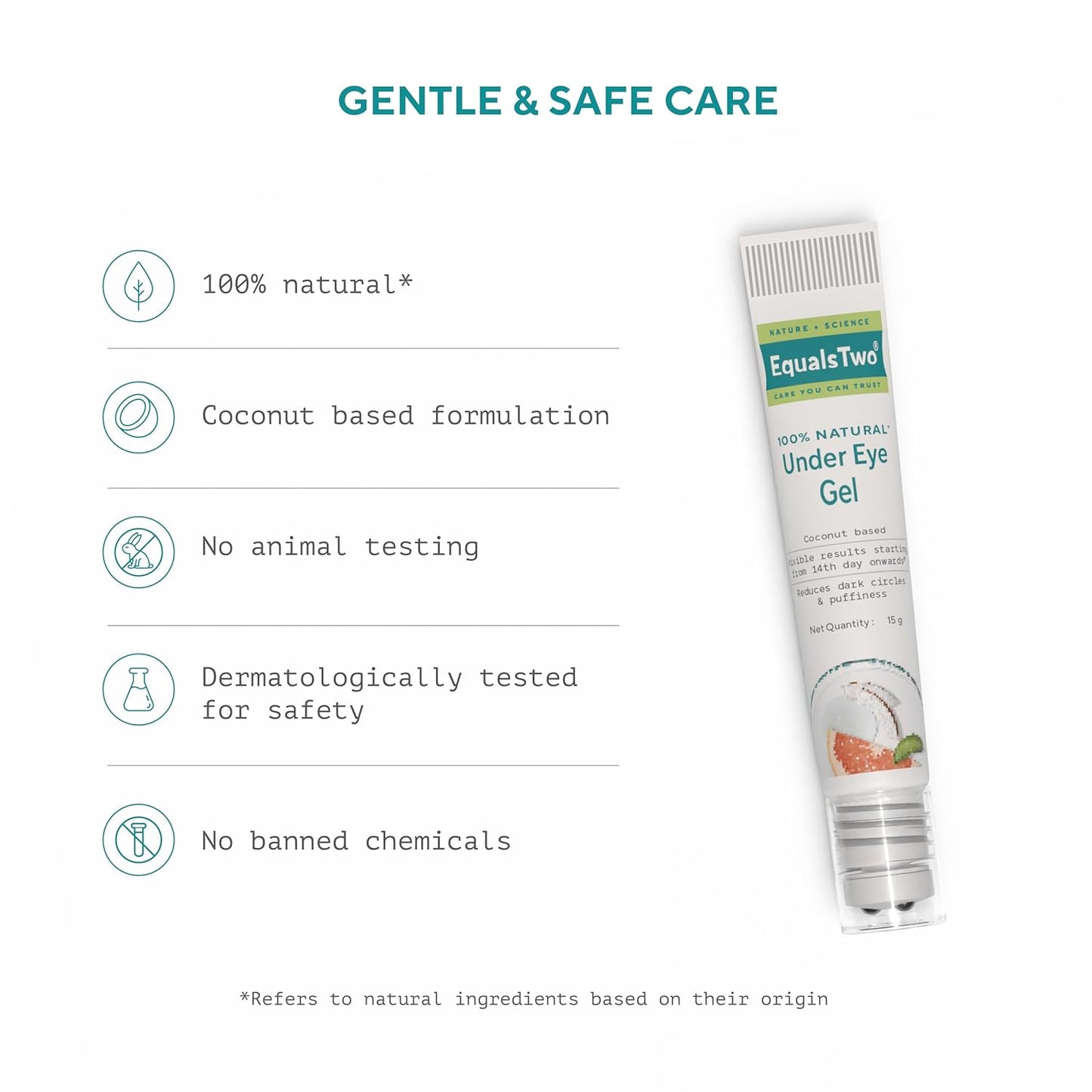 EQUALSTWO by Zydus Under Eye Gel for Dark Circles, Puffiness & Wrinkles, 15ml | Natural Under Eye Gel for Men & Women with Coconut, Cucumber, Grapefruit & Aloe Vera, (Pack 1)