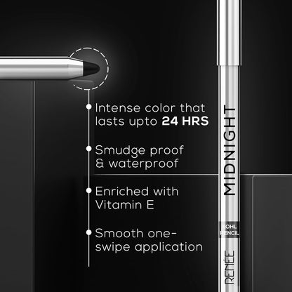 RENEE Midnight Kohl Kajal Pencil | Waterproof, Smudgeproof With Sharpener | 24 Hours Long Stay | Darkest Black | One Swipe Application | Vitamin E, Olive Oil and Castor Oil | Matte Finish |1.5 Gm