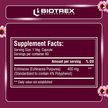 Biotrex Nutraceuticals Echinacea 400mg | Immunity & Anti-inflammatory Effects | Antioxidant Properties | Skin Health & Overall Wellbeing – 60 Veg Capsules