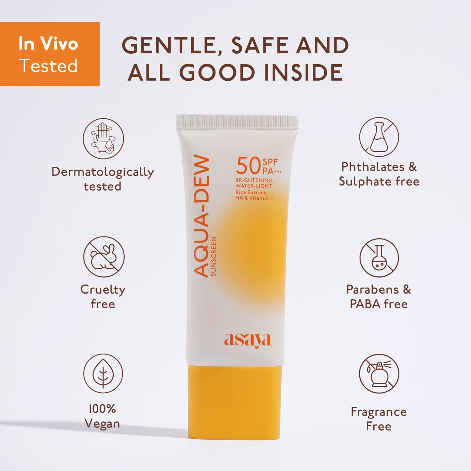 Aqua-Dew sunscreen tube with safety features listed on a white background