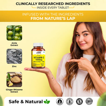 Woman holding a vitamin C supplement with clinically researched ingredients on a yellow background
