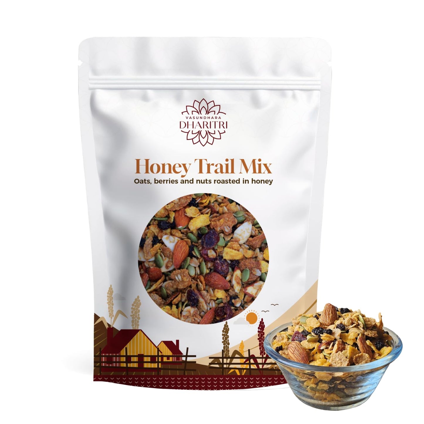 VASUNDHARA DHARITRI Honey Roasted Nuts & Berries Trail Mix, 250g | Premium Mix of Nuts, Berries, Seeds & Oats, Protein & Fiber-Rich Snack, Boosts Energy & Immunity, No Preservatives