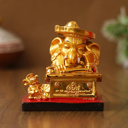 Golden Resin Munim Lord Ganesha Statue | God Idol for Office, Shop, Study Table, Home Temple, Car Dashboard | Ideal Gift for Ganesh Chaturthi, Birthdays, Diwali